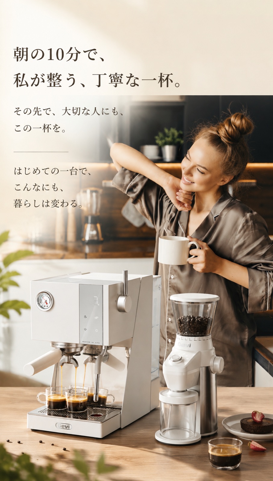 朝の10分で、私が整う、丁寧な一杯。その先で、大切な人にも、この一杯を。はじめての一台で、こんなにも、暮らしは変わる。